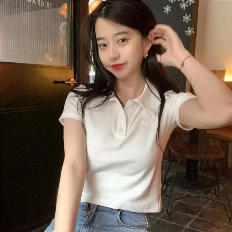 Polo T Shirt For Women White Blouse Short Sleeve Tees Crop Top Female Fashion Embroidery Summer 2021 Women's Clothing Aesthetic | Женская