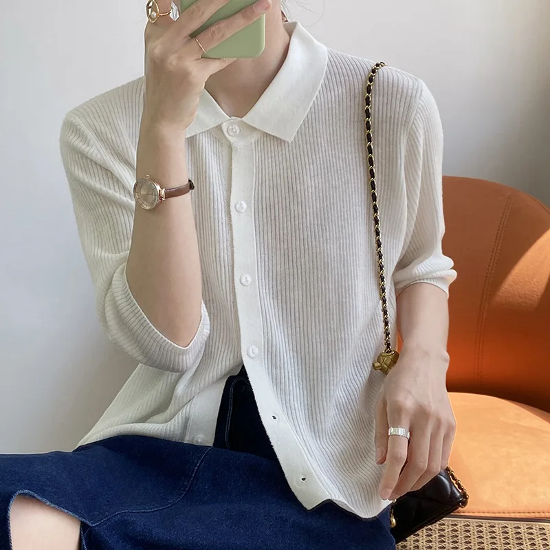 Polo collar sweater women early autumn new loose soft waxy middle sleeve top women knitted cardigan COTTON Polyester 
Polo collar sweater women early autumn new loose soft waxy middle sleeve top women knitted cardigan COTTON Polyester