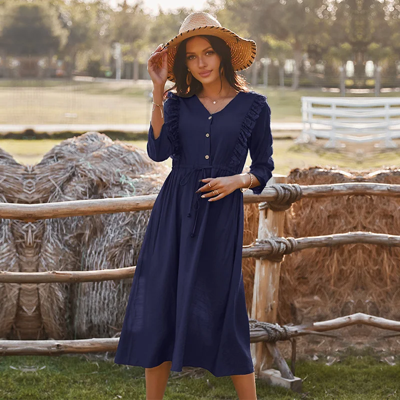 2021 Spring New Holiday Style Dress Women Casual V-neck Solid Color Ruffles Dress Ladies Slim Lace Up Summer Dress
2021 Spring New Holiday Style Dress Women Casual V-neck Solid Color Ruffles Dress Ladies Slim Lace Up Summer Dress