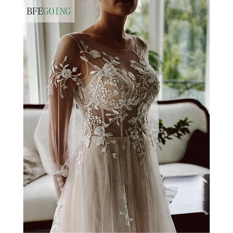Tulle Lace Appliques Floor-Length A-Line Wedding Dresses Chapel Train Long Sleeves Bridal Gowns Custom Made
Tulle Lace Appliques Floor-Length A-Line Wedding Dresses Chapel Train Long Sleeves Bridal Gowns Custom Made