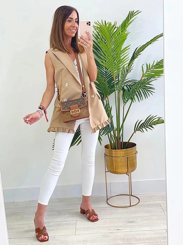 SLMD Stylish Chic Khaki Ruffles Double Breasted Vest Coat Women 2021 Fashion Pockets Waistcoat Female Casual Outfitsar | Женская одежда