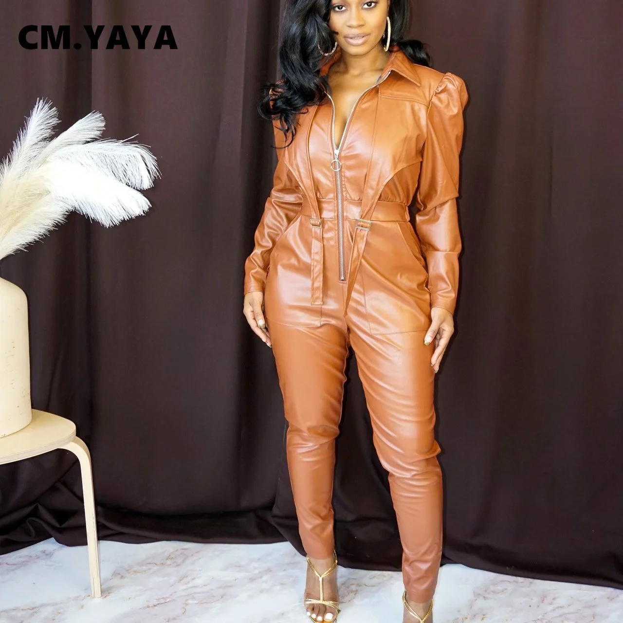 CM.YAYA Elegant Women Faux Lenther Puff Sleeve Zipper Fly Jumpsuit Sexy Night Party Long Sleeve PU Romper Spring Winter Overalls
CM.YAYA Elegant Women Faux Lenther Puff Sleeve Zipper Fly Jumpsuit Sexy Night Party Long Sleeve PU Romper Spring Winter Overalls