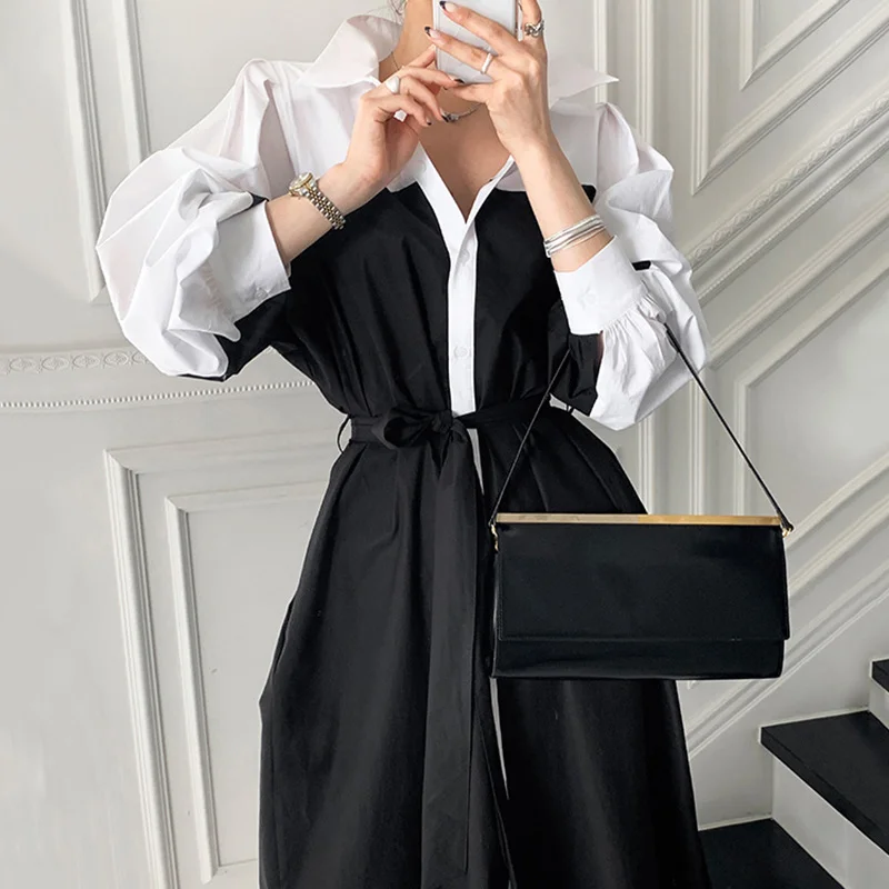 2021 Summer Dress Korean Chic Dresses French Lapel Single Breasted Contrast Stitching Design Lace Up Waist Puff Sleeve Dress
2021 Summer Dress Korean Chic Dresses French Lapel Single Breasted Contrast Stitching Design Lace Up Waist Puff Sleeve Dress