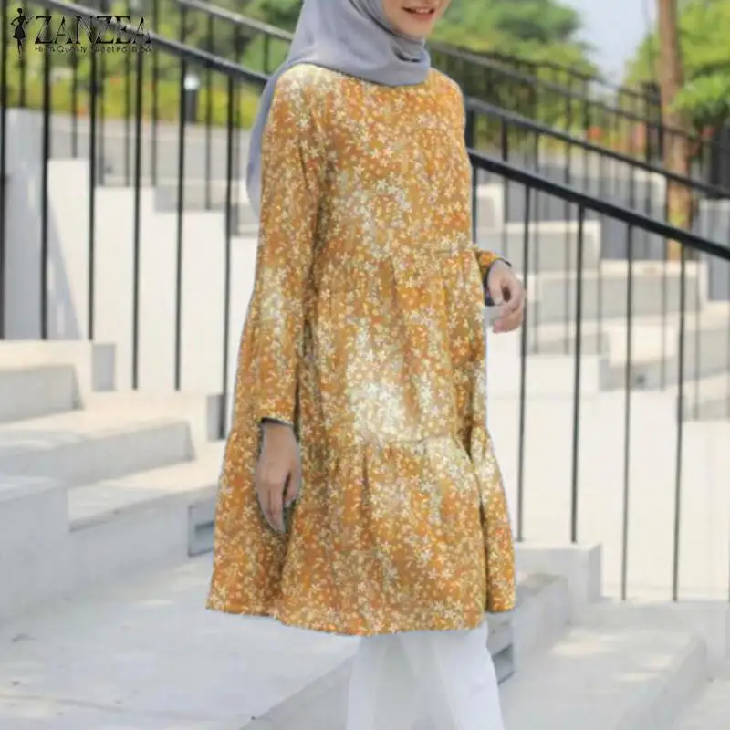 Muslim Long Tunic Tops Chemise Autumn Blouse Kaftan Elegant Blusas Floral Printed Ruffle Hem Elegant Shirt ZANZEA Women Abaya 
Muslim Long Tunic Tops Chemise Autumn Blouse Kaftan Elegant Blusas Floral Printed Ruffle Hem Elegant Shirt ZANZEA Women Abaya