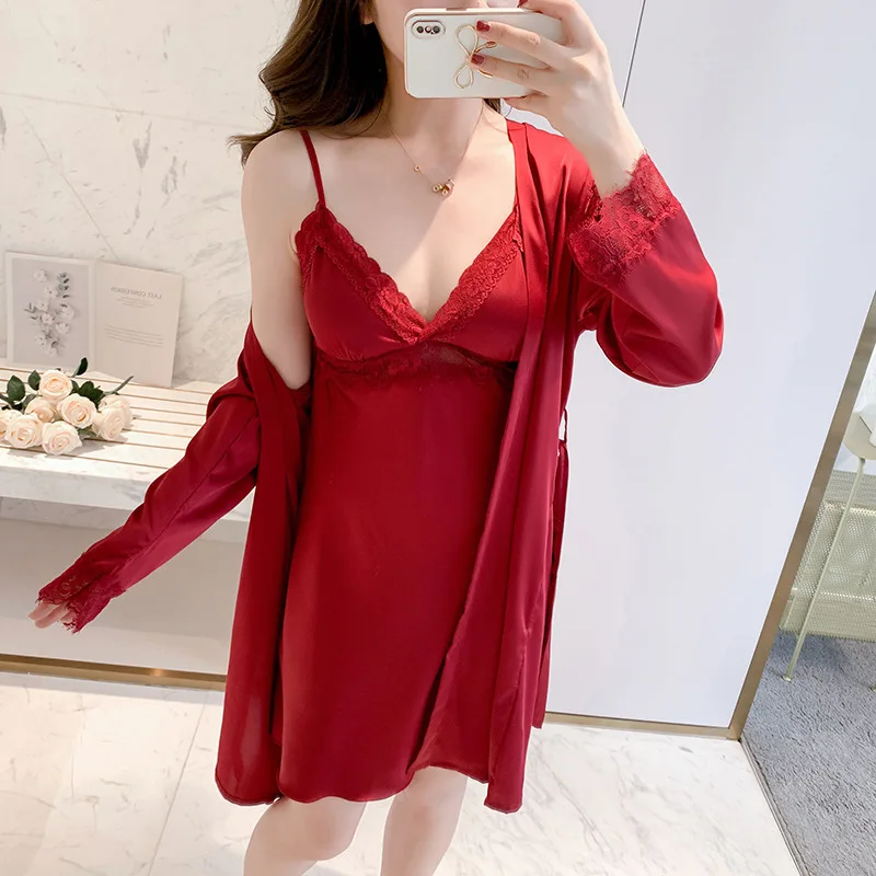 New 2PCS Kimono Robe Set Women Satin Nightwear Intimate Lingerie Casual Summer New Bathrobe Gown Pink Sexy Lace Nightgown
New 2PCS Kimono Robe Set Women Satin Nightwear Intimate Lingerie Casual Summer New Bathrobe Gown Pink Sexy Lace Nightgown