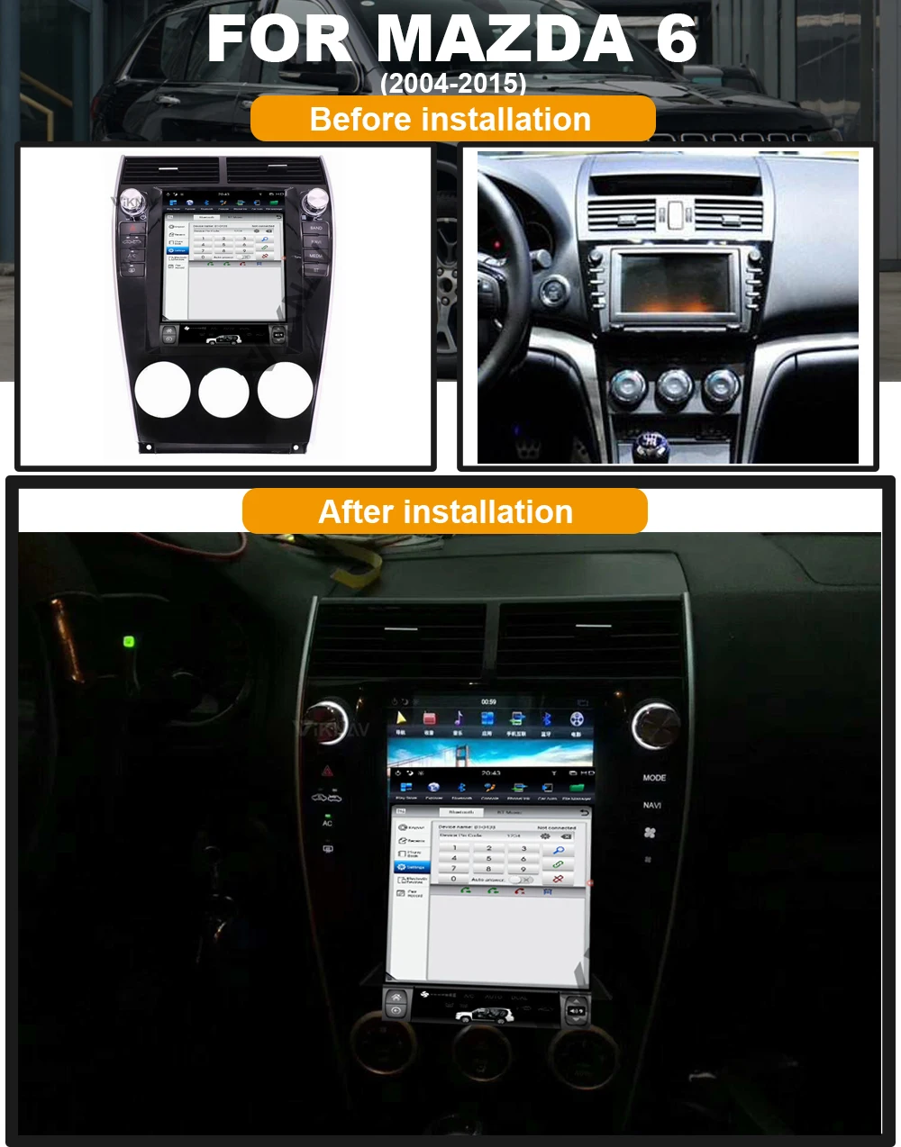 10.4 inch Android system car GPS radio video player for Mazda 6 2004-2015 auto multimedia player Tesla style vertical screen
10.4 inch Android system car GPS radio video player for Mazda 6 2004-2015 auto multimedia player Tesla style vertical screen