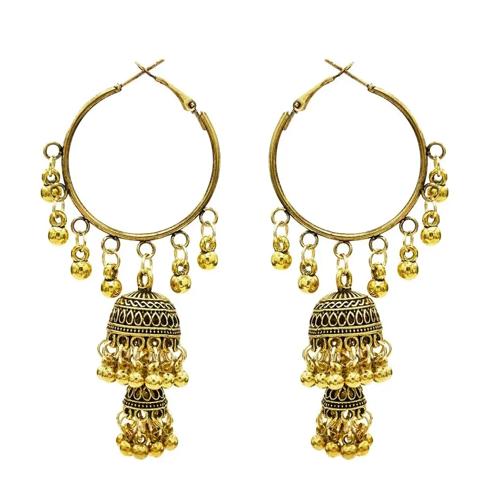 Indian Jhumka Jewelry Gold Sliver Small Bells Drop Tassel Earrings Women Girls Boho Ethnic Big Round Circle Dangling Earring | Украшения и