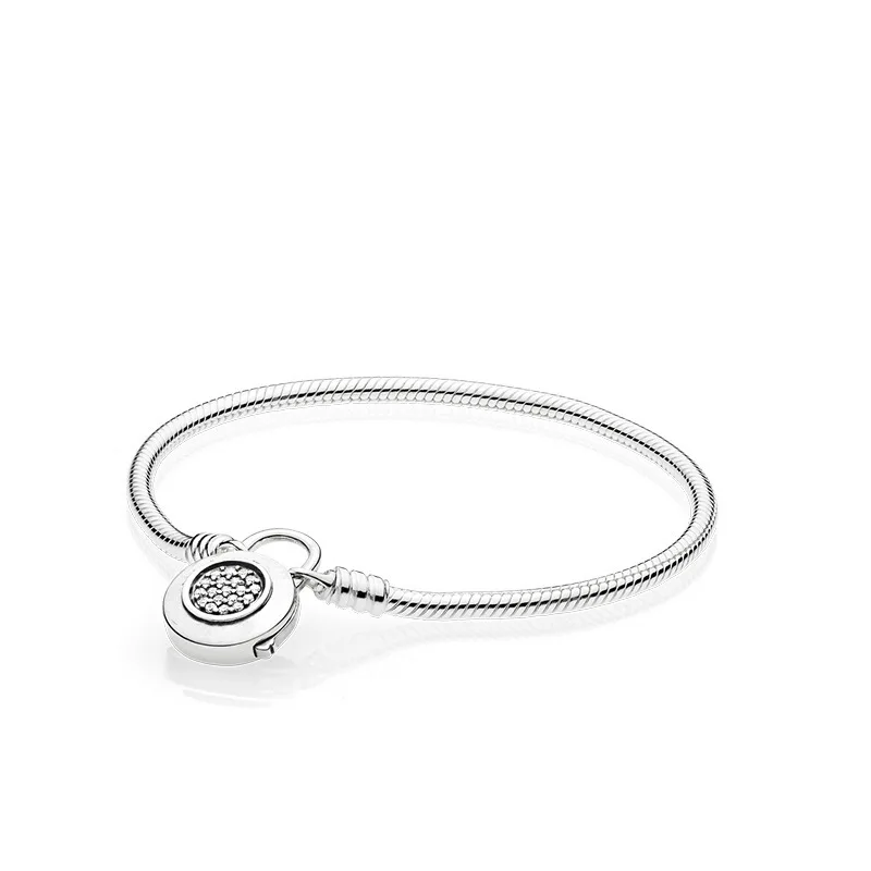 

100% 925 Sterling Silver Moments Pave Padlock Clasp Snake Chain Bracelet DIY Jewelry Gift Argent S925 Bracelets for Women