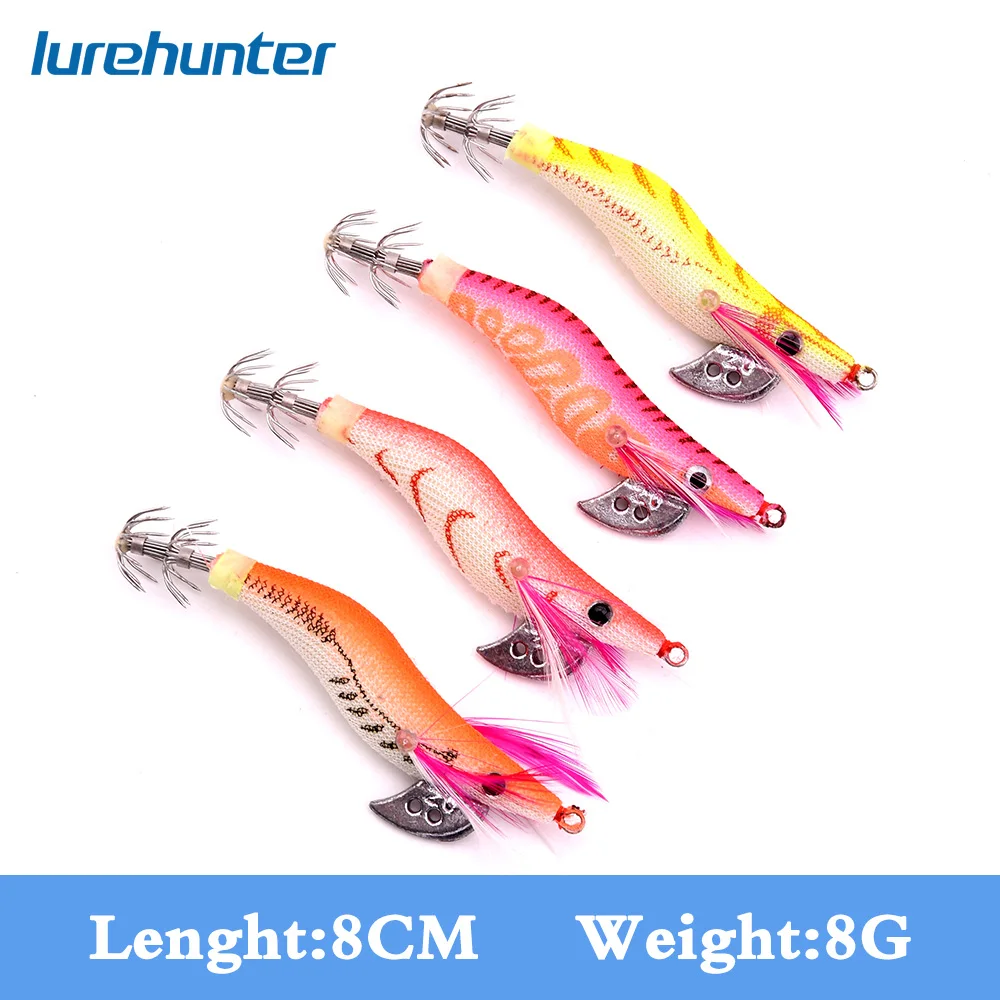 

4PCS Fishing Lures Wrapped Prawn Lure Octopus Shrimp Wood Baits Squid Jig Fishing Hooks 8CM 8G 2.0#