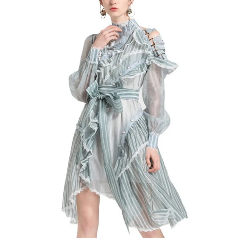 DEAT 2021 New Women's Stand Collar Long Lantern Sleeve Sexy Striped Lace Patchwork Asymmetrical Ruffles High Waist Dress 7E9980
DEAT 2021 New Women's Stand Collar Long Lantern Sleeve Sexy Striped Lace Patchwork Asymmetrical Ruffles High Waist Dress 7E9980
