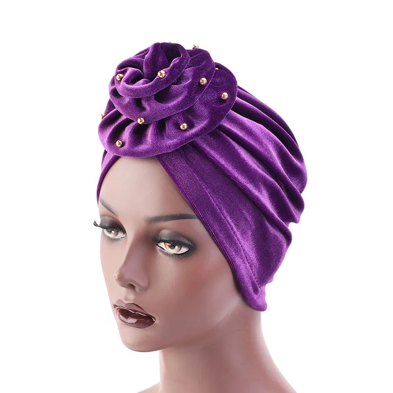 

New Women Flower Velvet Turban Hijabs Muslim Elastic Head Wraps Hair Loss Beanie Hat India Cap Party Headwear Hair Accessories