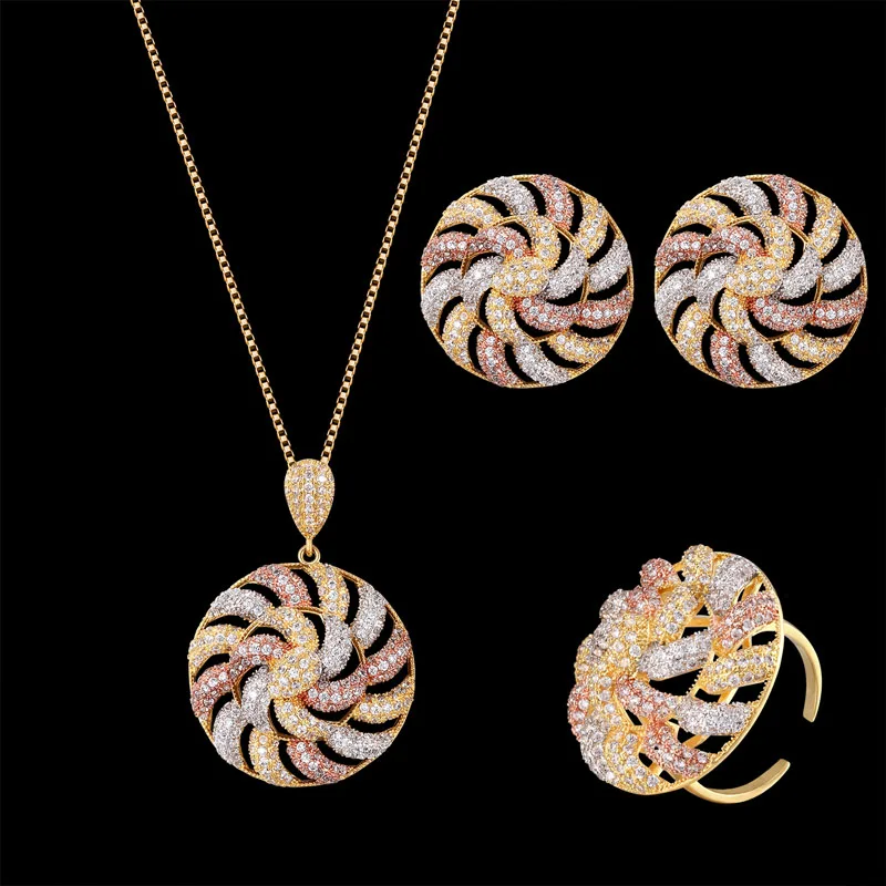 

Женское золотое ожерелье, серьги, кольцо с кубическим цирконием, 3 шт., в Корейском стиле, свадьба, ювелирные изделия Zlxgirl, комплект массивной ...
