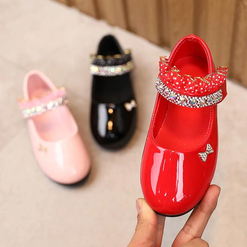 

Kids Baby Girls Shoes Soft bottom Bow rhinestones Princess Shoes little girls leather shoes chaussure fille black red pink 2-11T