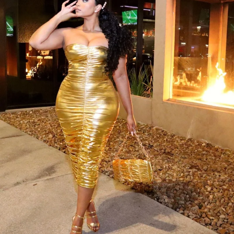 Luxury Gold Bright Bodycon Evening Dresses Women Elegant Strapless Ruched Midi Party Dress Female Club Night Pencil Dresses
Luxury Gold Bright Bodycon Evening Dresses Women Elegant Strapless Ruched Midi Party Dress Female Club Night Pencil Dresses