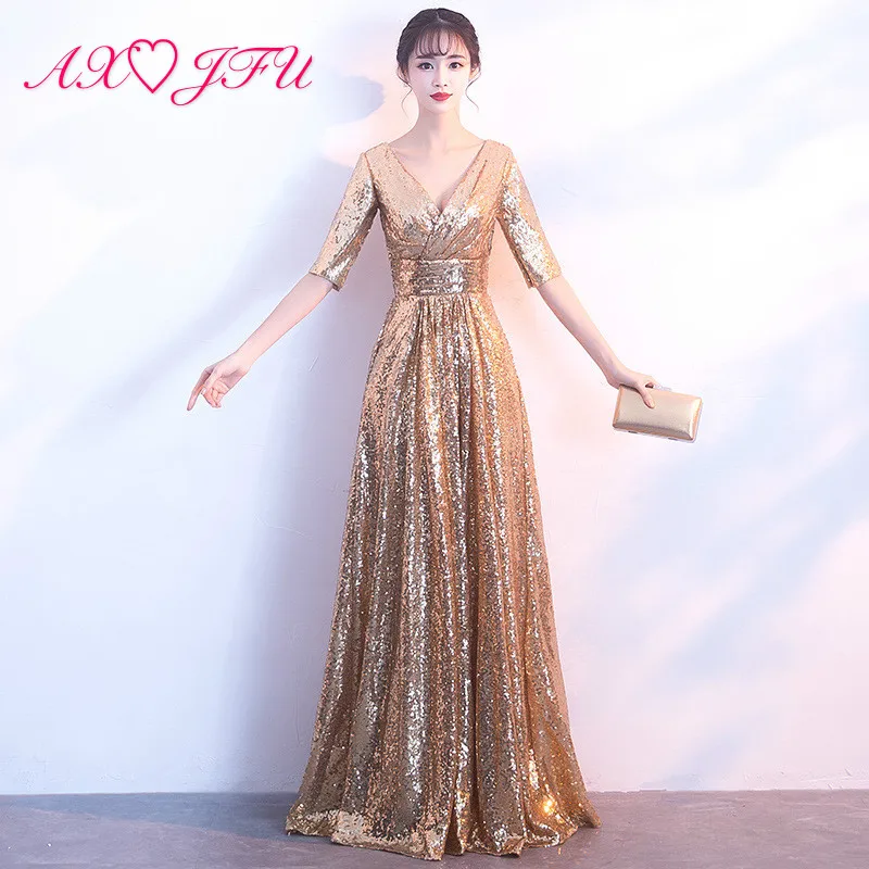 AXJFU luxury princess golden bride evening dress luxury party v neck sparkly half sleeve black long a line evening dress
AXJFU luxury princess golden bride evening dress luxury party v neck sparkly half sleeve black long a line evening dress