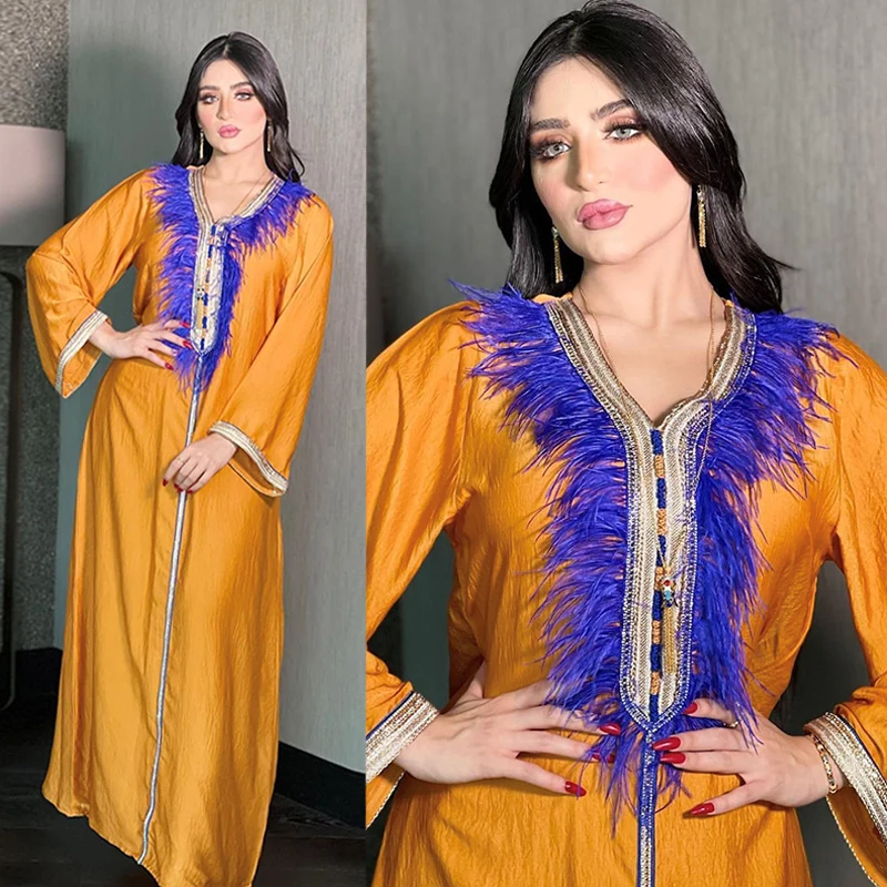 Autumn 2021 Middle East Arab Dubai Turkish Dress Fashion Lace Embroidery Stitching Feathers Muslim Robe Abaya Dress Long Skirt I
Autumn 2021 Middle East Arab Dubai Turkish Dress Fashion Lace Embroidery Stitching Feathers Muslim Robe Abaya Dress Long Skirt I