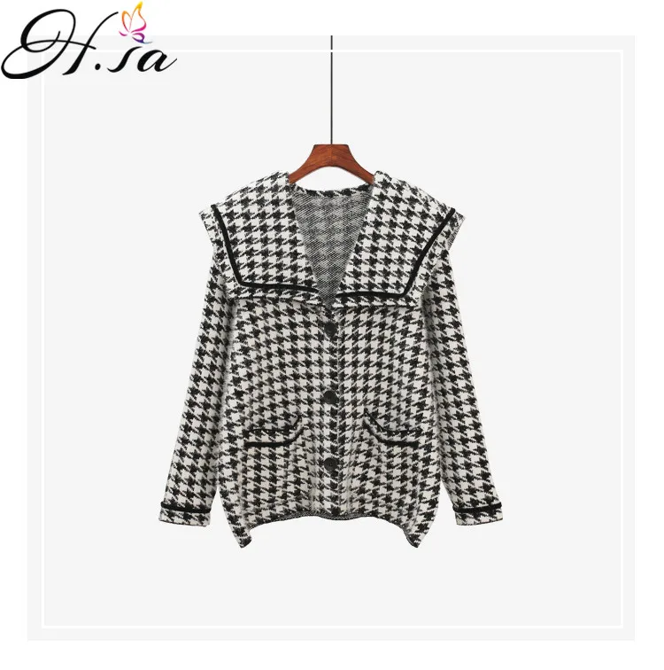 H.SA Women Spring New Houndstooth Black and White Retro Sweater and Cardigans Turn Down Collars Big Pocket Loose Knit Jacket
H.SA Women Spring New Houndstooth Black and White Retro Sweater and Cardigans Turn Down Collars Big Pocket Loose Knit Jacket