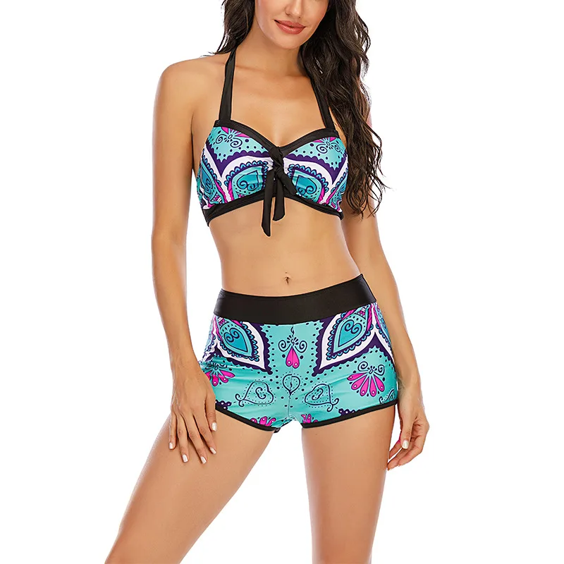 Tribal Printed Bikini Halter Neck Swimsuit Bandage Bowknot Detail Large High Waisted Swimwear Summer Plus Size 8XL Swimming Suit | Женская