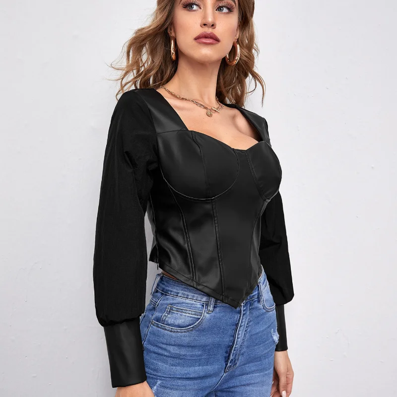 Женский сексуальный черный топ из искусственной кожи, футболка с длинным рукавом, Осень-зима, женская кожаная мода, с пышными рукавами, обтя...
Женский сексуальный черный топ из искусственной кожи, футболка с длинным рукавом, Осень-зима, женская кожаная мода, с пышными рукавами, обтя...