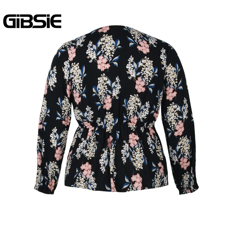 

GIBSIE Plus Size Twist Front Tunic Top Blouse Women Autumn Korean Fashion V Neck Long Sleeve Boho Casual Ladies Print Blouses