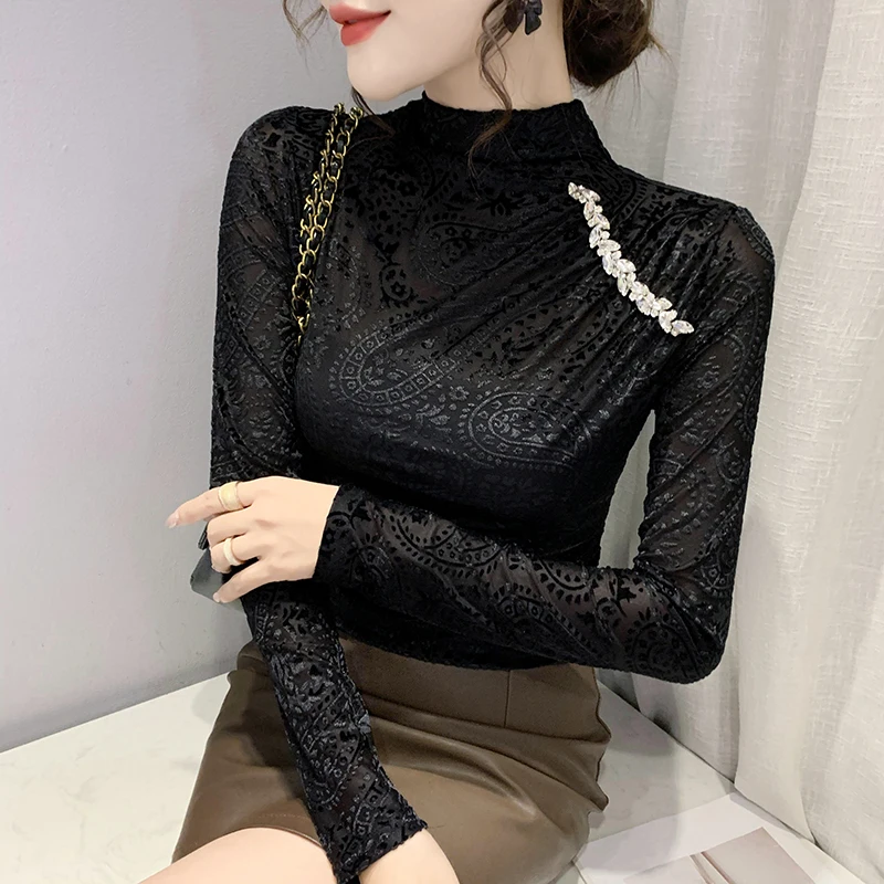 Women's Tops New 2021 Autumn Winter Turtleneck High-end Jacquard Long-sleeved T-shirt Elegant Slim Black Blusas
Women's Tops New 2021 Autumn Winter Turtleneck High-end Jacquard Long-sleeved T-shirt Elegant Slim Black Blusas
