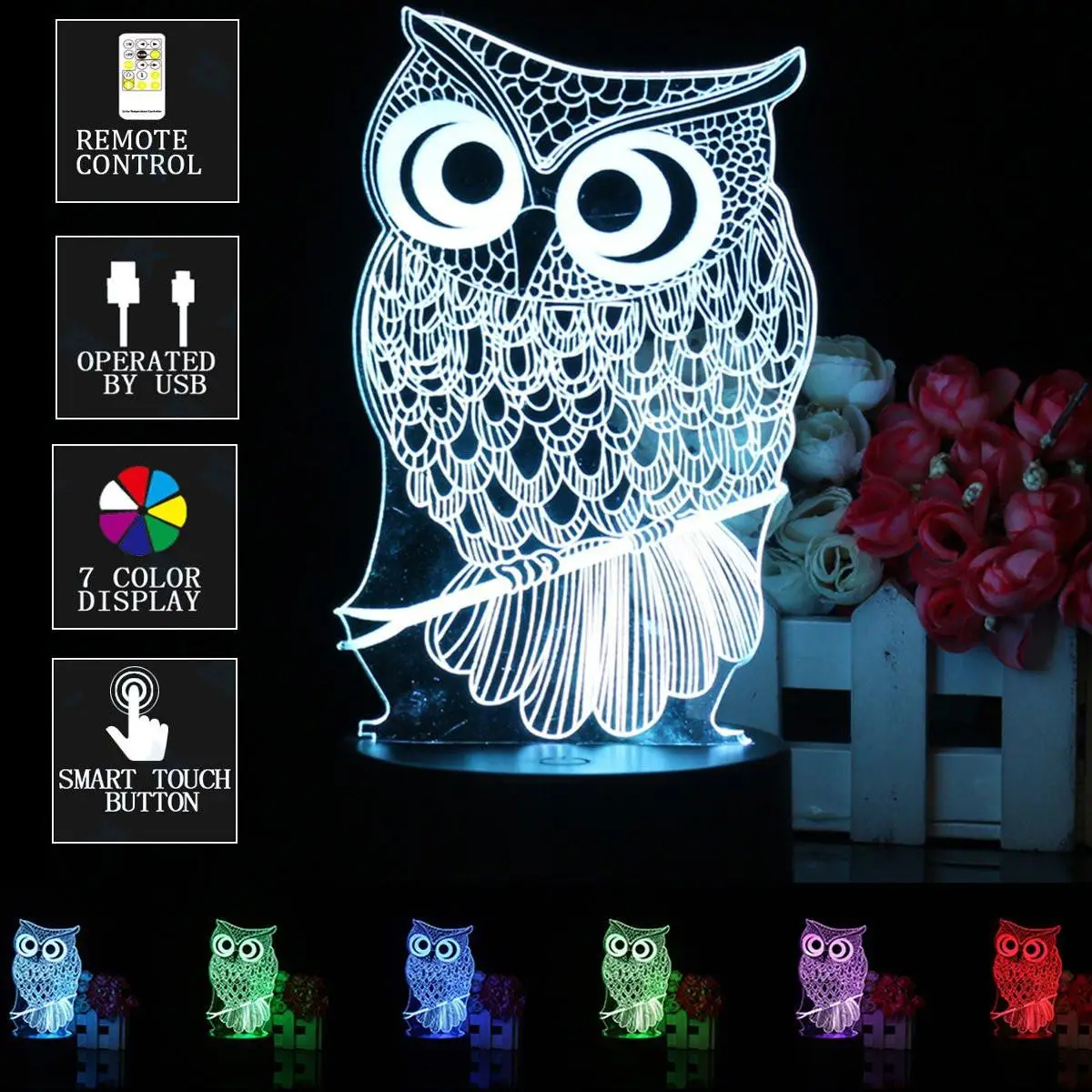 

Owl Animals Baby Night Light LED Remote Control Color Changing Nightlight for Kids Child Bedroom Table Lamp 3D Illusion Lamps