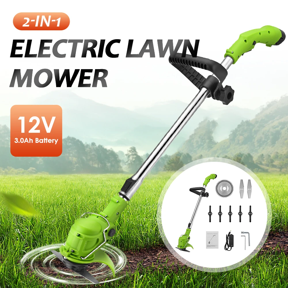 

2-in-1 Electric Lawn Mower Cordless 600W 2pcs 3000mAh Battery 12V Lithium-ion Grass Trimmer Brush Cutter Tool for Weed-Wacking