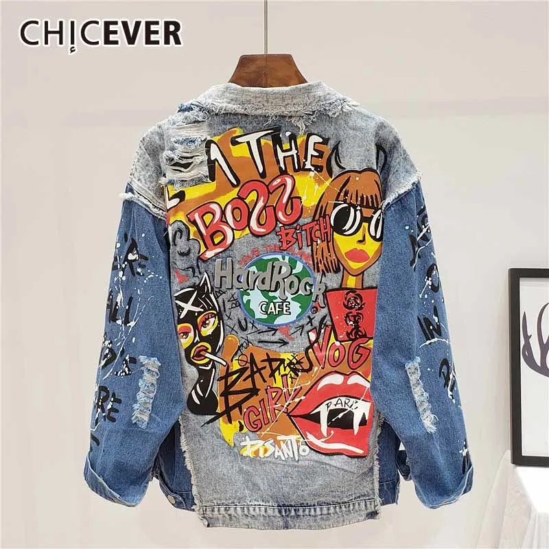 CHICEVER Letter Pattern Colorblock Hole Denim Jackets For Women Lapel Long Sleeve Straight Korean Fashion Coat Female 2021 New
CHICEVER Letter Pattern Colorblock Hole Denim Jackets For Women Lapel Long Sleeve Straight Korean Fashion Coat Female 2021 New