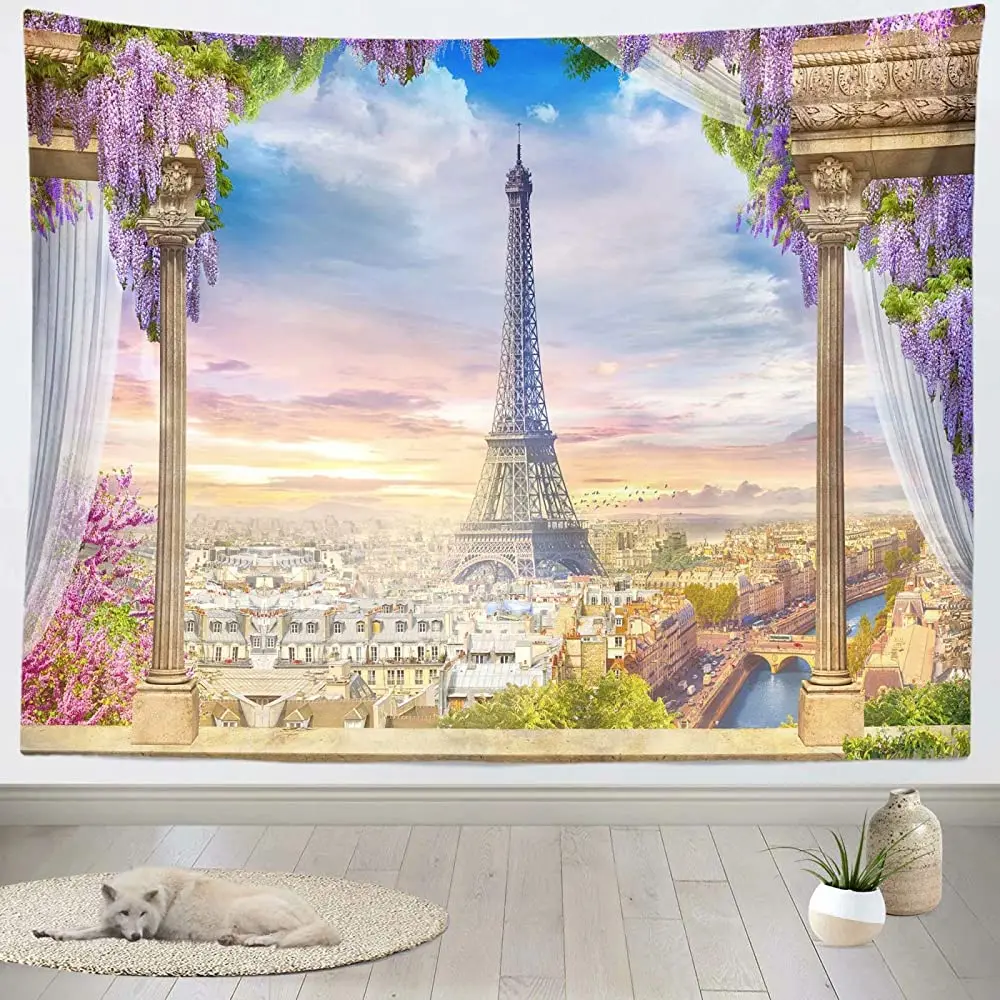

Loccor Eiffel Tower Tapestry Photo Backdrop Cityscape Eiffel Tower at Sunset in Paris France Romantic Tapestry Wall for Bedroom