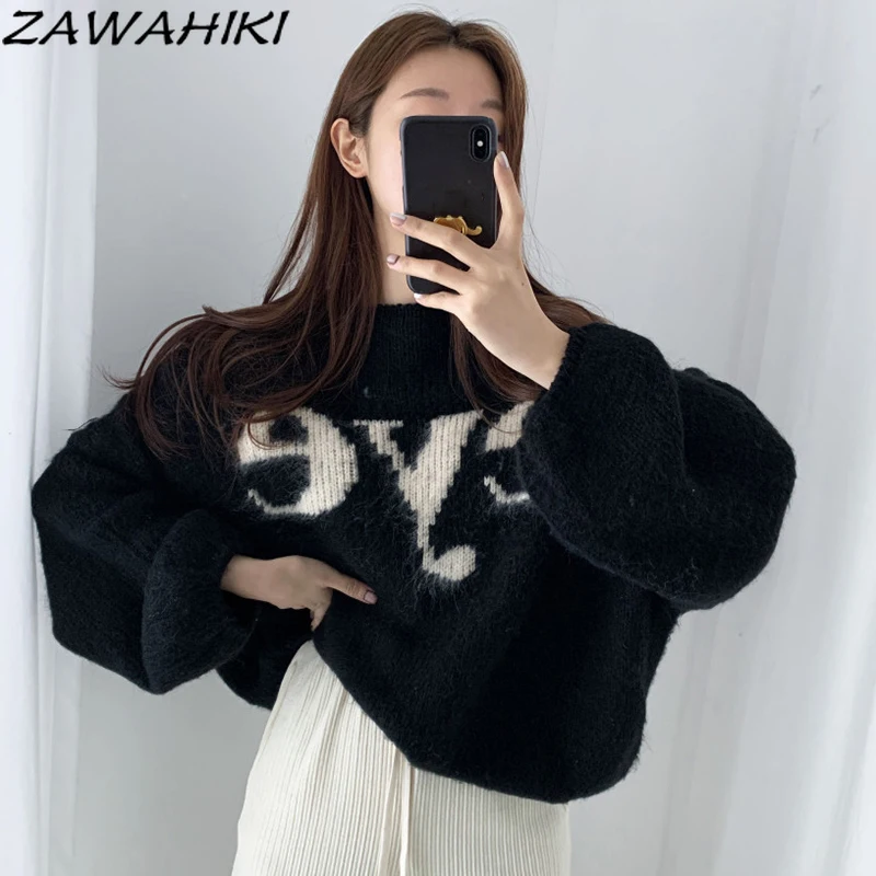 ZAWAHIKI Autumn Retro Round Neck Letter Printing Contrast Color Loose Mohair Long Sleeve Pullover Short Knit Sweater Women Tops
ZAWAHIKI Autumn Retro Round Neck Letter Printing Contrast Color Loose Mohair Long Sleeve Pullover Short Knit Sweater Women Tops