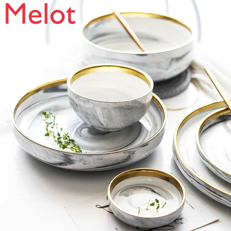 Marble Gold Rimmed Ceramic Tableware Set Rice Bowl High-End Home Soup Plate Dinner Plate Ramen Bowl Ceramic Bowl 
Marble Gold Rimmed Ceramic Tableware Set Rice Bowl High-End Home Soup Plate Dinner Plate Ramen Bowl Ceramic Bowl