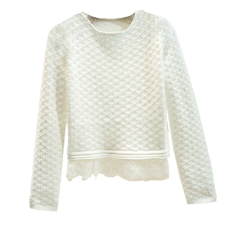 2019 New Autumn Winter Lazy Wind Knitting Pullover Girls Lace Stitching Hem O-neck Long Sleeve White Knitting Sweaters Women Top
2019 New Autumn Winter Lazy Wind Knitting Pullover Girls Lace Stitching Hem O-neck Long Sleeve White Knitting Sweaters Women Top