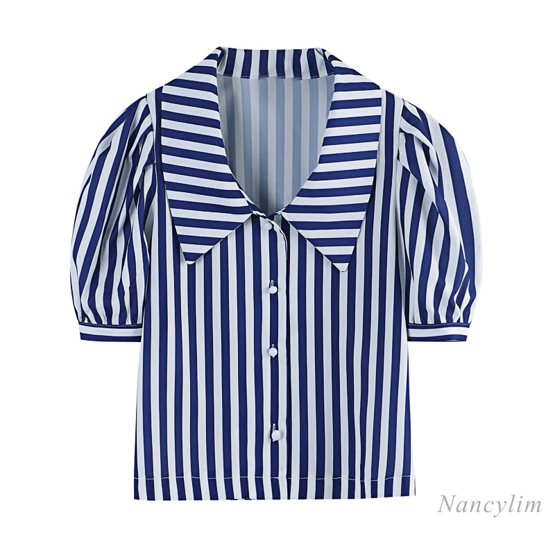 Women's Blue Vertical Striped Blouses Short Puff Sleeve Loose Shirt 2021 Summer Clothing New Female All-Match Tops Nancylim
Women's Blue Vertical Striped Blouses Short Puff Sleeve Loose Shirt 2021 Summer Clothing New Female All-Match Tops Nancylim