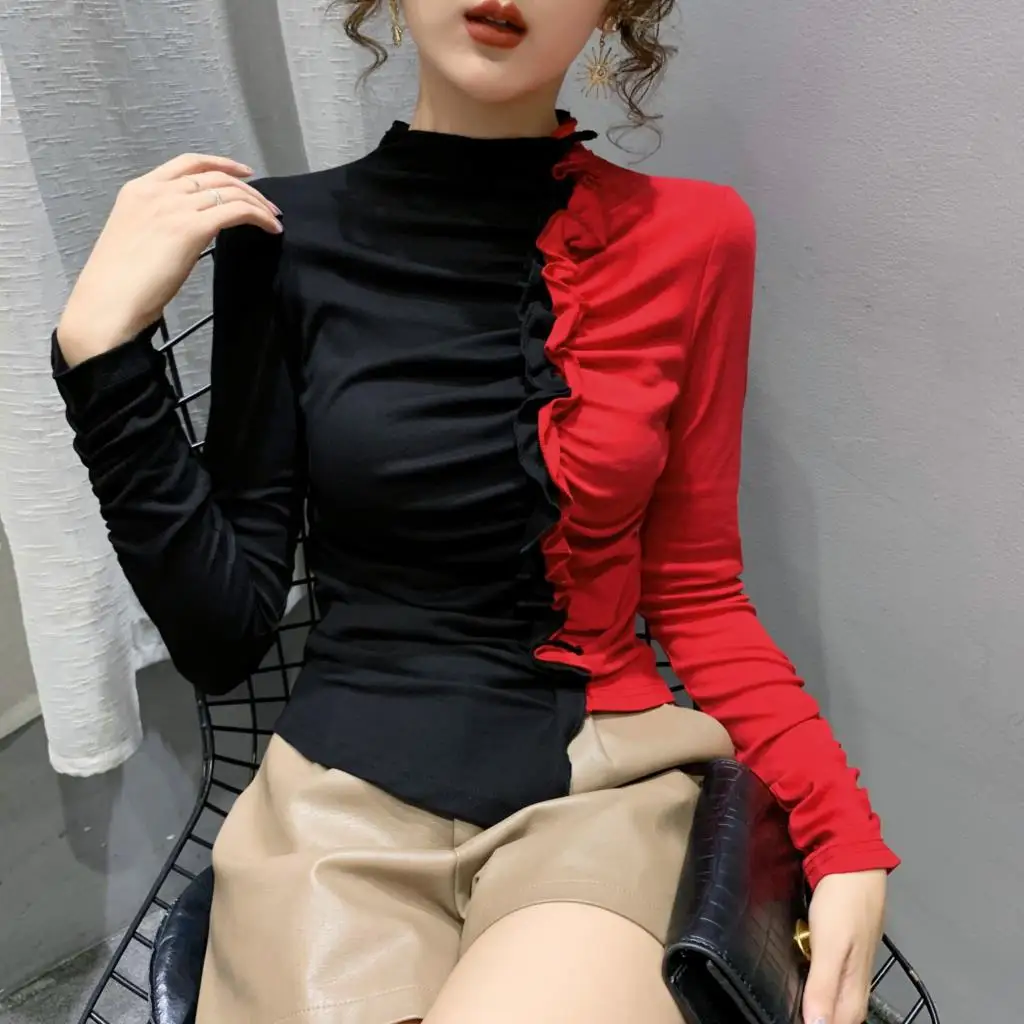 Fall Winter Irregularity Lady Cotton T-Shirt Chic Color Blocking Patchwork Ruffles Women Tops Long Sleeve Tees
Fall Winter Irregularity Lady Cotton T-Shirt Chic Color Blocking Patchwork Ruffles Women Tops Long Sleeve Tees