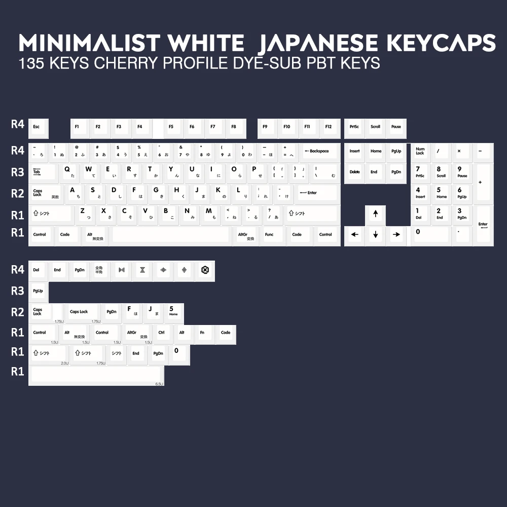 135 Keys Cherry Profile DYE-Sub Japanese PBT Keycap Minimalist White Theme Minimalist Style Suitable For Mechanical Keyboard 
135 Keys Cherry Profile DYE-Sub Japanese PBT Keycap Minimalist White Theme Minimalist Style Suitable For Mechanical Keyboard