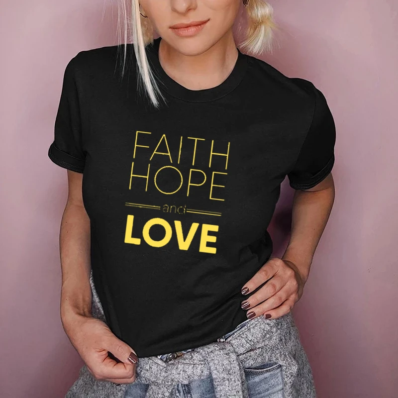 Faith Hope and Love Letters Printed Women Tshirt Christian Religious Black White Breathable Female Tops Summer Fashion Tee
Faith Hope and Love Letters Printed Women Tshirt Christian Religious Black White Breathable Female Tops Summer Fashion Tee