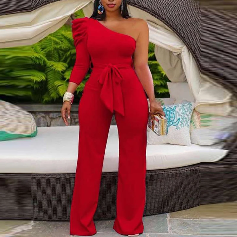 Women Spring Lace-up Belted Backless Overalls Autumn Puff Sleeve Solid One Piece Romper Sexy Skew Collar One Shoulder Jumpsuit
Women Spring Lace-up Belted Backless Overalls Autumn Puff Sleeve Solid One Piece Romper Sexy Skew Collar One Shoulder Jumpsuit