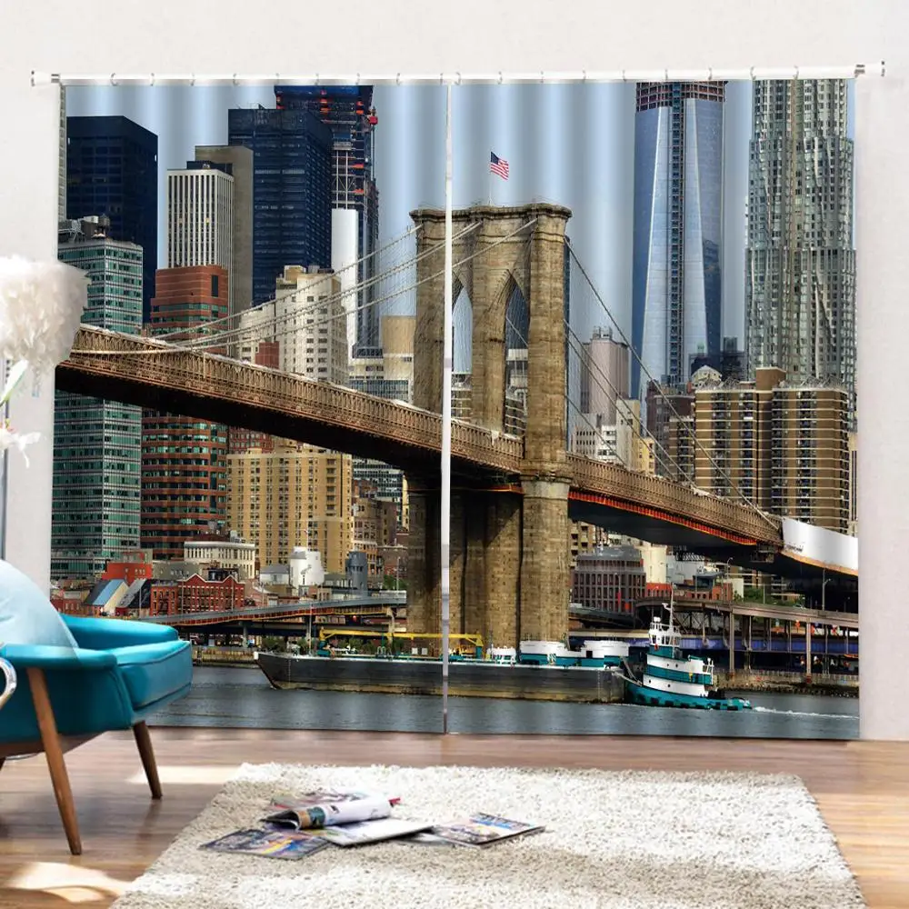 Настраиваемые шторы для гостиной и спальни с блэкаутом, изображающие городской пейзаж с мостами, зданиями и побережьем реки, Нью-Йорк, США.