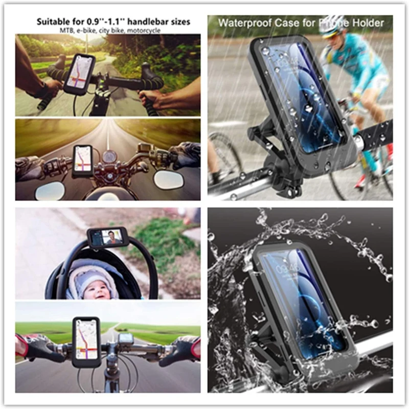 Motorcycle Bike Phone Mount Waterproof Phone Holder for Handlebars Bicycle Phone Case with Contact Screen for Outdoor 
Motorcycle Bike Phone Mount Waterproof Phone Holder for Handlebars Bicycle Phone Case with Contact Screen for Outdoor
