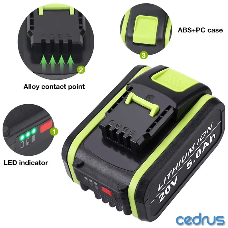 5.0Ah 20V Li Ion Rechargeable Battery for Worx WA3551 WA3553 WA3641 WG629E WG546E WU268 for Worx Garden Tools and Power Tools
5.0Ah 20V Li Ion Rechargeable Battery for Worx WA3551 WA3553 WA3641 WG629E WG546E WU268 for Worx Garden Tools and Power Tools