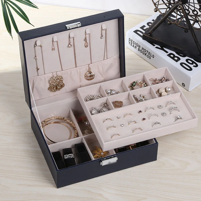 

Двухслойная прямоугольная коробка большой емкости для хранения ювелирных изделий, органайзер для ожерелий, браслетов, повязок на голову