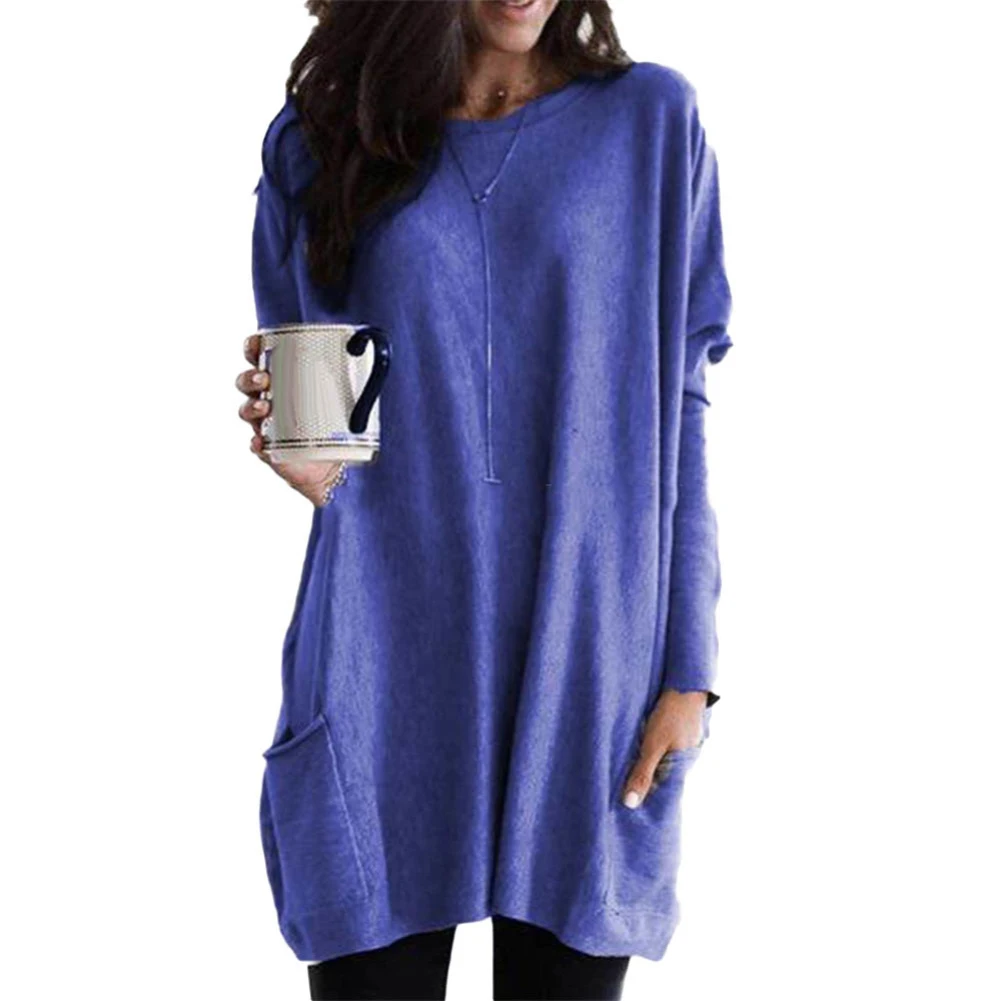 Plus Size Women Solid Color Sweater O-Neck Long Sleeve T-Shirt Tunic Top New with Pockets 2019 | Женская одежда