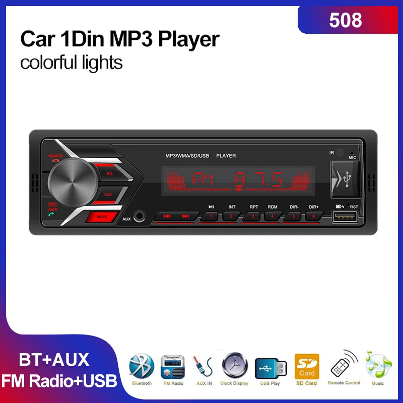 

Автомагнитола 1Din 508 с MP3-плеером, автомобильная аудиосистема с поддержкой FM, AUX, USB, TF, мультимедийный стерео радиоприемник с дистанционным уп...
