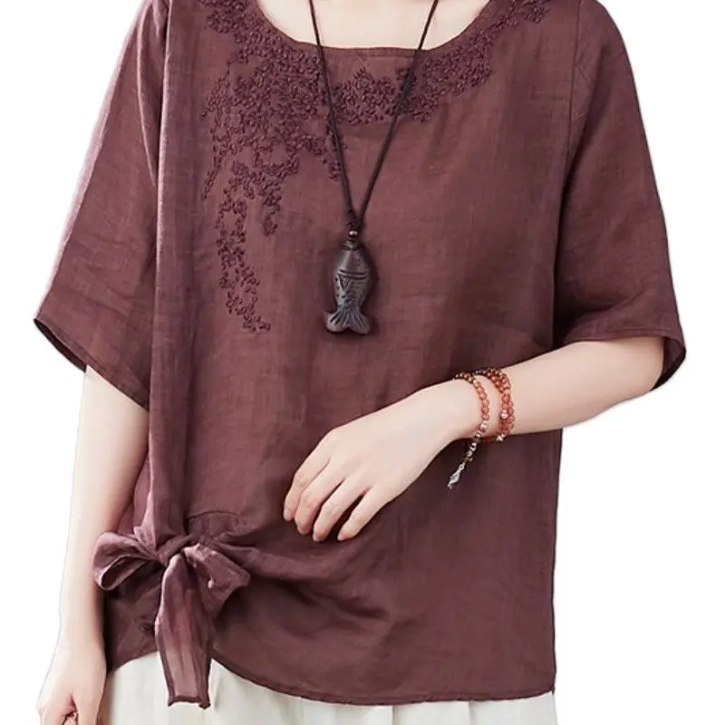 top woman tees Art short sleeve women shirt women's loose casual large size fat show thin Tencel hemp embroidery versatile 2021
top woman tees Art short sleeve women shirt women's loose casual large size fat show thin Tencel hemp embroidery versatile 2021