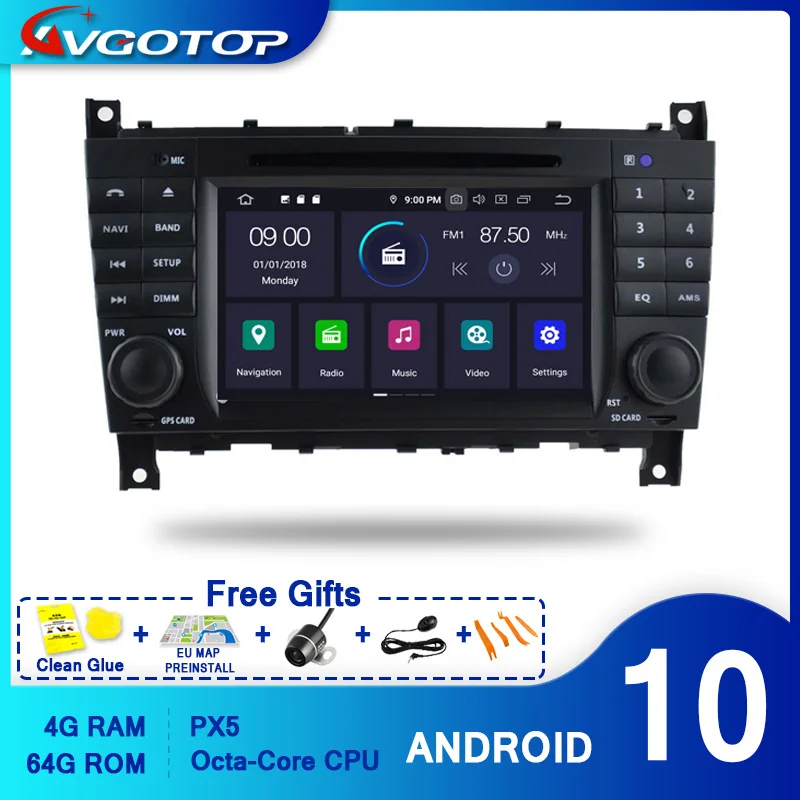 AVGOTOP Android 10 4 Гб + 64 машинный DVD проигрыватель для MERCEDES BENZ C CLASS W203(2004 2007) IPS HD Экран