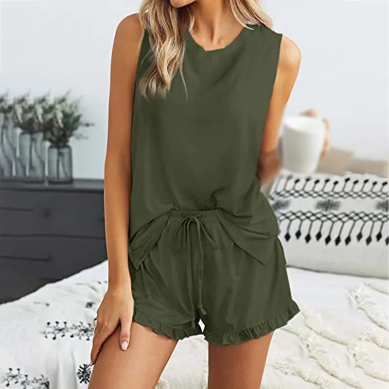 Solid Color Women Wooden Pajama Sets Sleeveless Top and Shorts Ladies Home Service Two-piece Suit
Solid Color Women Wooden Pajama Sets Sleeveless Top and Shorts Ladies Home Service Two-piece Suit