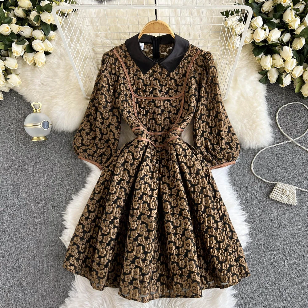 C295 Women Fashion Autumn Retro Jacquard Contrast Color Lapel Three-quarter Sleeve High Waist Thin Puffy Dress Elegant Vestidos
C295 Women Fashion Autumn Retro Jacquard Contrast Color Lapel Three-quarter Sleeve High Waist Thin Puffy Dress Elegant Vestidos