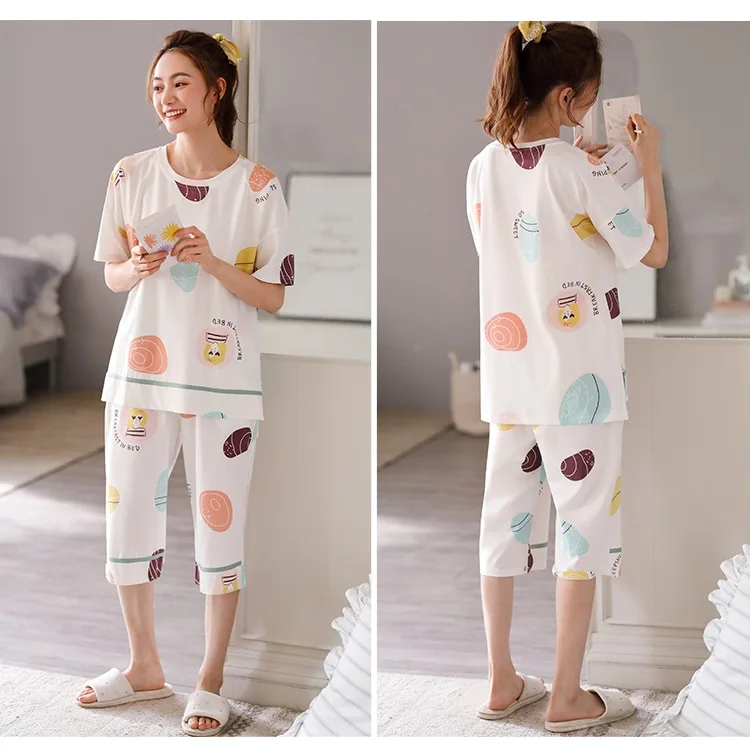 Ladies Summer Cotton Short Sleeve Pajamas Cartoon Printed Cropped Trousers Home Clothes Thin Casual Can Outer Wear Pajama Set
Ladies Summer Cotton Short Sleeve Pajamas Cartoon Printed Cropped Trousers Home Clothes Thin Casual Can Outer Wear Pajama Set