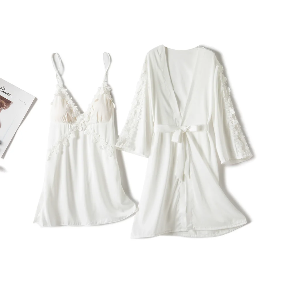 Summer Robe Kimono Gown Lace Nightwear Nightdress Knee-length Wedding Robe Women Silky Satin 2PCS Sleepwear SEXY Patchwork 
Summer Robe Kimono Gown Lace Nightwear Nightdress Knee-length Wedding Robe Women Silky Satin 2PCS Sleepwear SEXY Patchwork