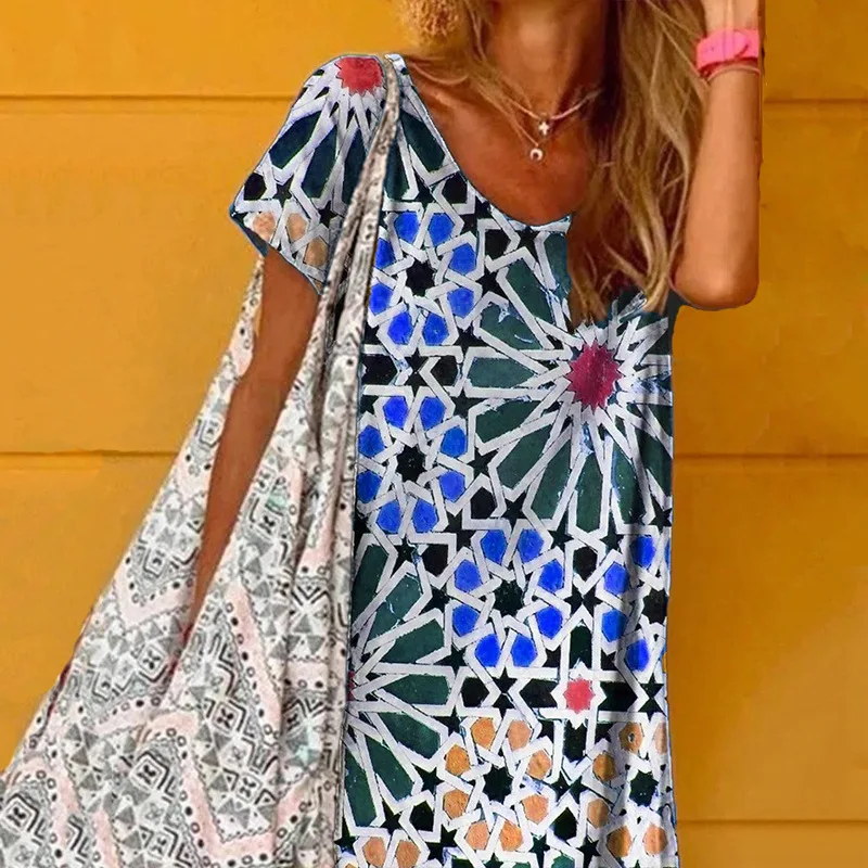 Casual Loose Summer Beach Dresses Vestido Colorful Pattern Printed Women Party Dress Spring Retro O Neck Short Sleeve Mini Dress 
Casual Loose Summer Beach Dresses Vestido Colorful Pattern Printed Women Party Dress Spring Retro O Neck Short Sleeve Mini Dress